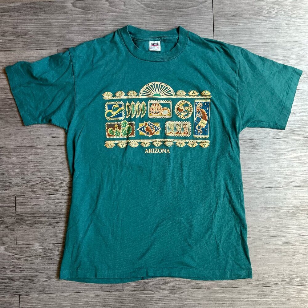 90s Arizona Single Stitch Western Puff Print Anvil Teal Graphic T-Shirt Size L